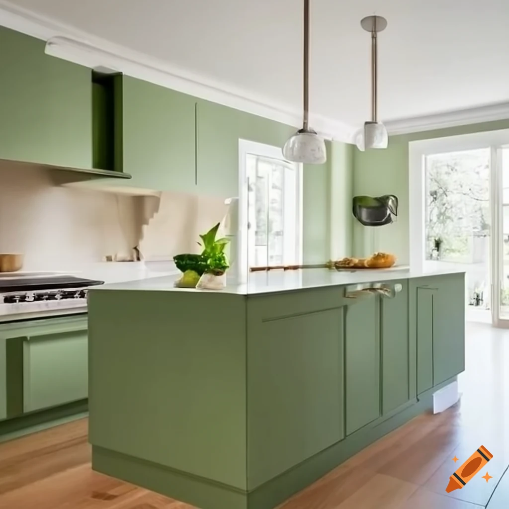 Sage green kitchen with cream quartz worktops on Craiyon
