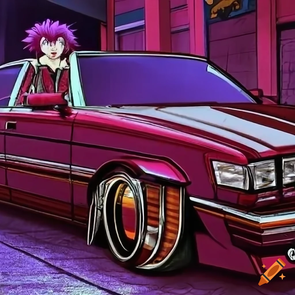 Highly detailed 1980s japanese anime style advertisement featuring a clown  lowrider style 1988 toyota crown on Craiyon
