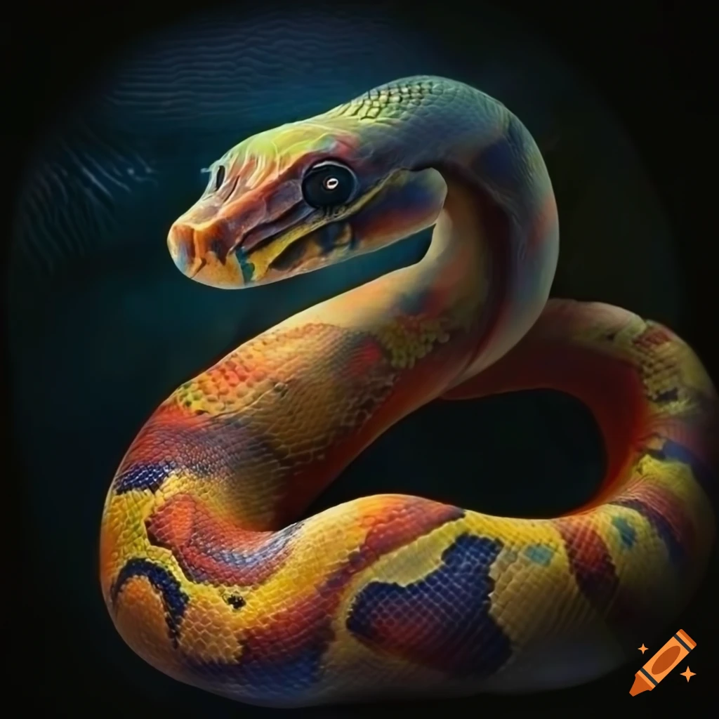 Colorful realistic python in a surreal cavern on Craiyon