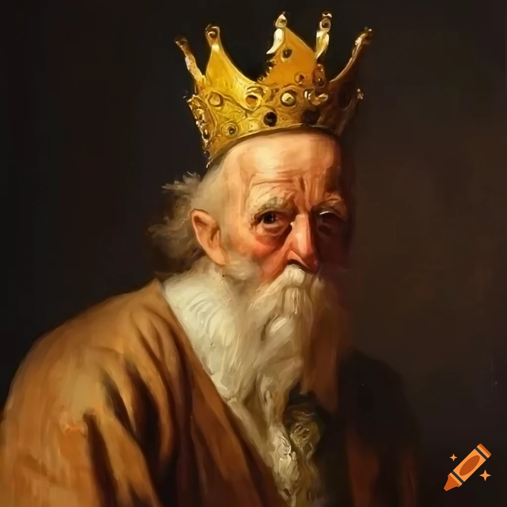 Portrait of an old English gentleman wearing a crown in an oil painting