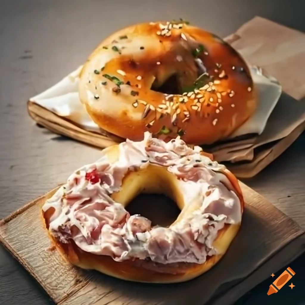 Two bagels with deli meat and cream cheese on Craiyon