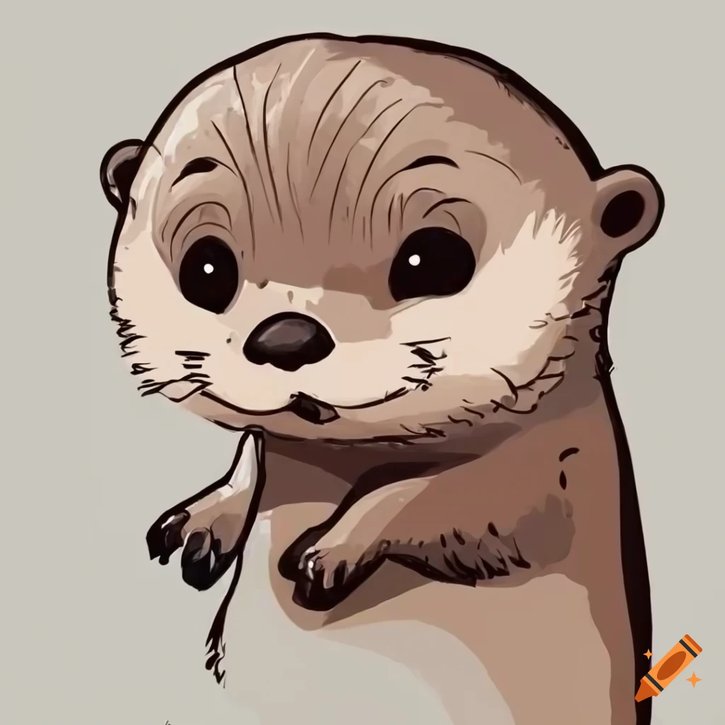Adorable otter cub in a closeup sketchy cartoon drawing