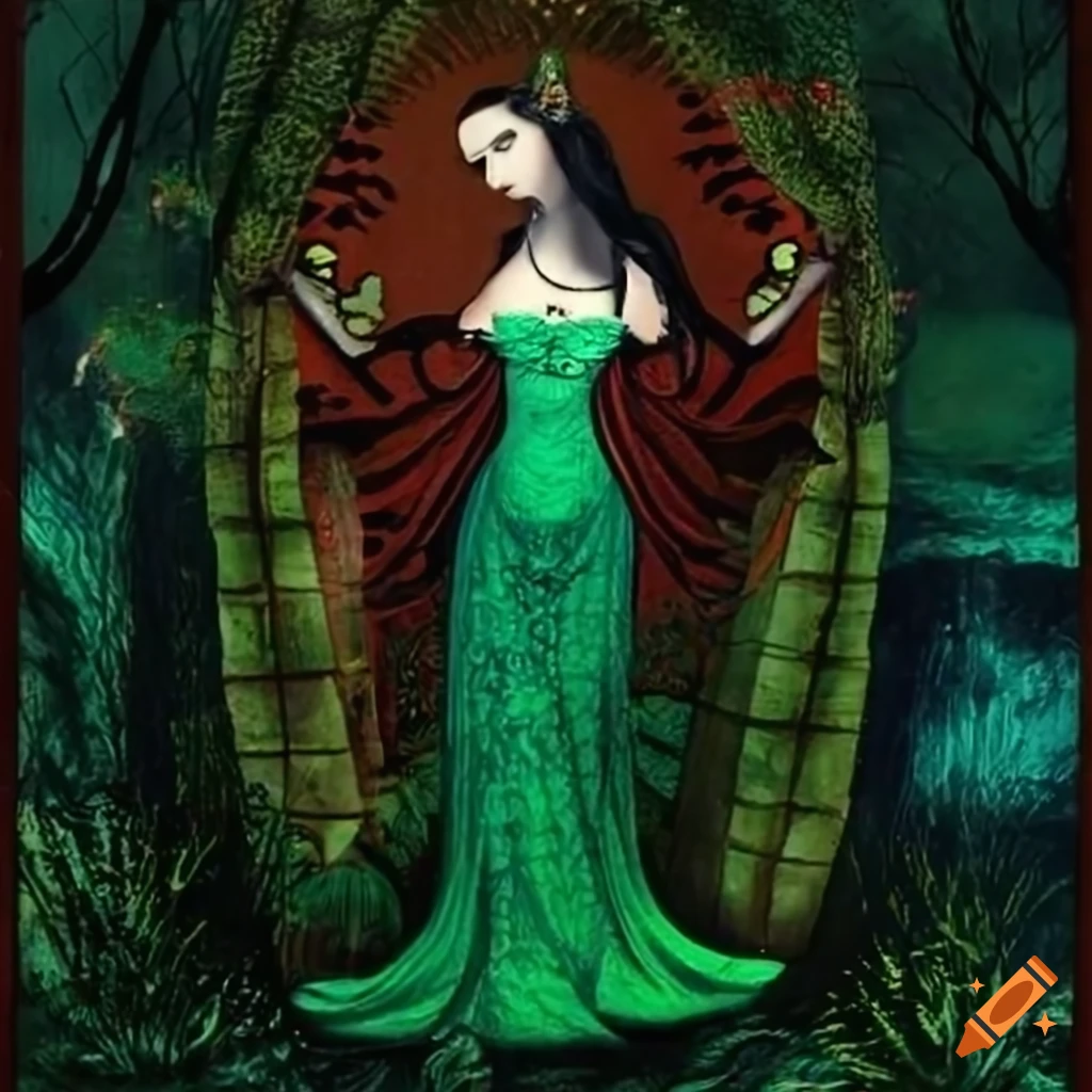Gothic enchantress in an emerald woodland by a tranquil mountain lake