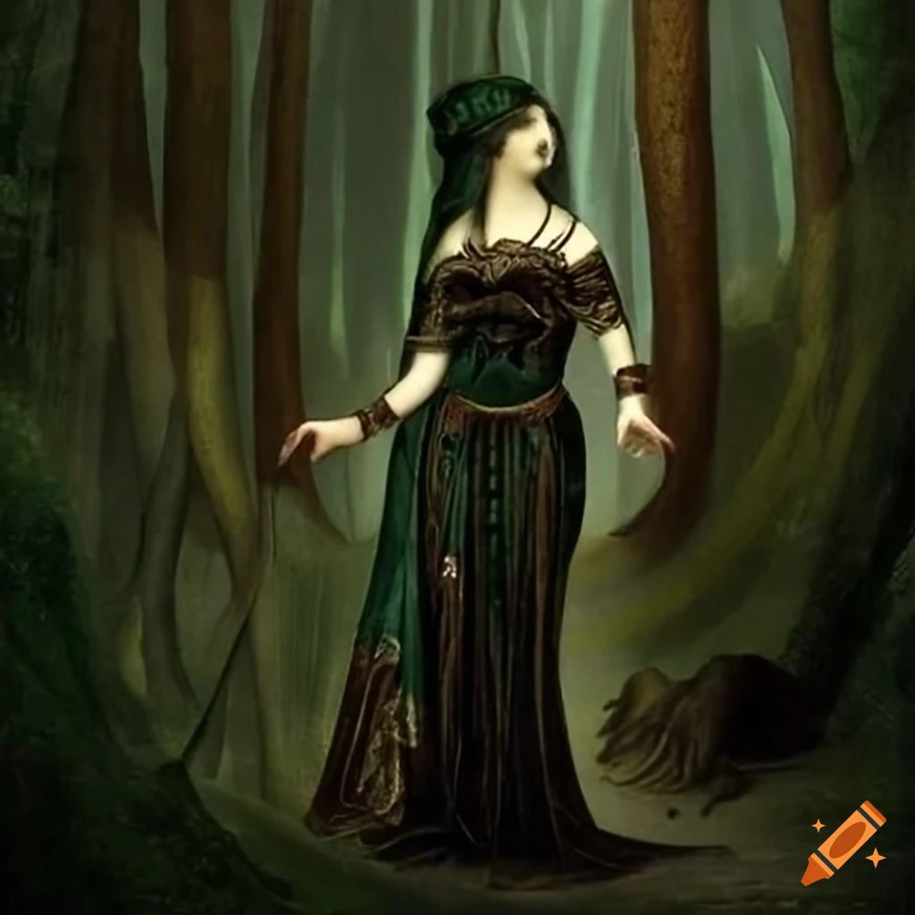 Gothic enchantress in an emerald woodland by a tranquil mountain lake