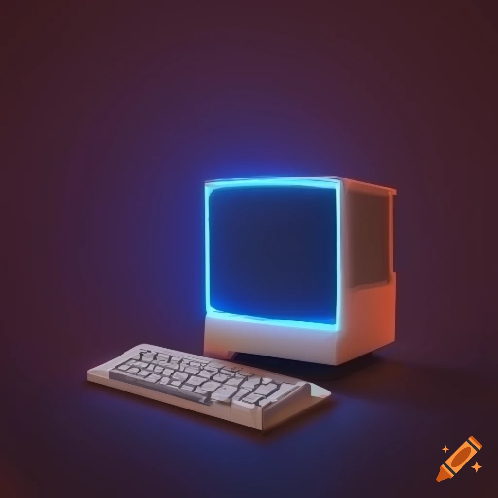 Low poly glowing white 3D computer in isometric view on Craiyon