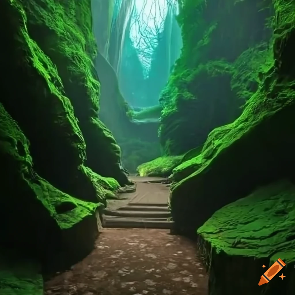 Path from inside underground cave to forest outside on Craiyon