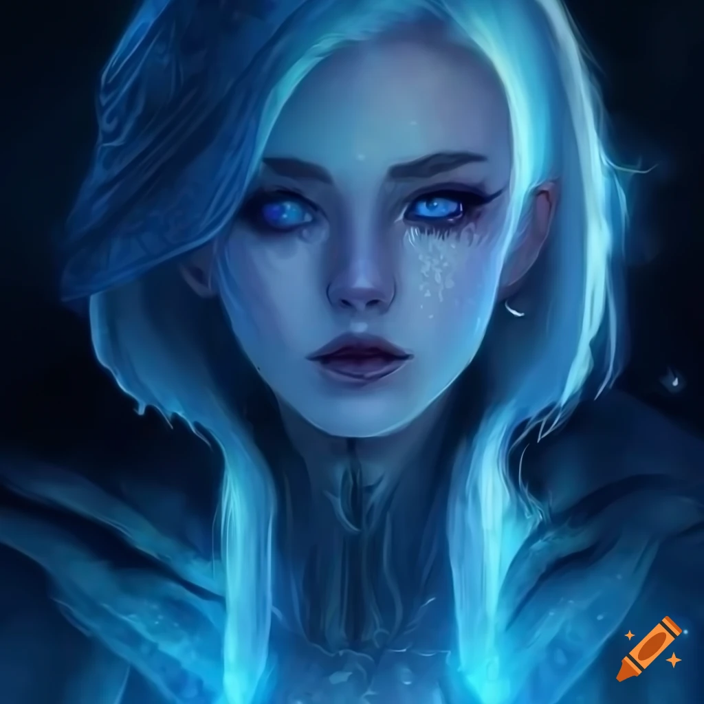 Mysterious girl in cloak with white hair and blue eyes in a blue glow ...