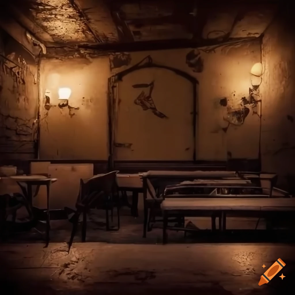Interior of an abandoned cafe at night