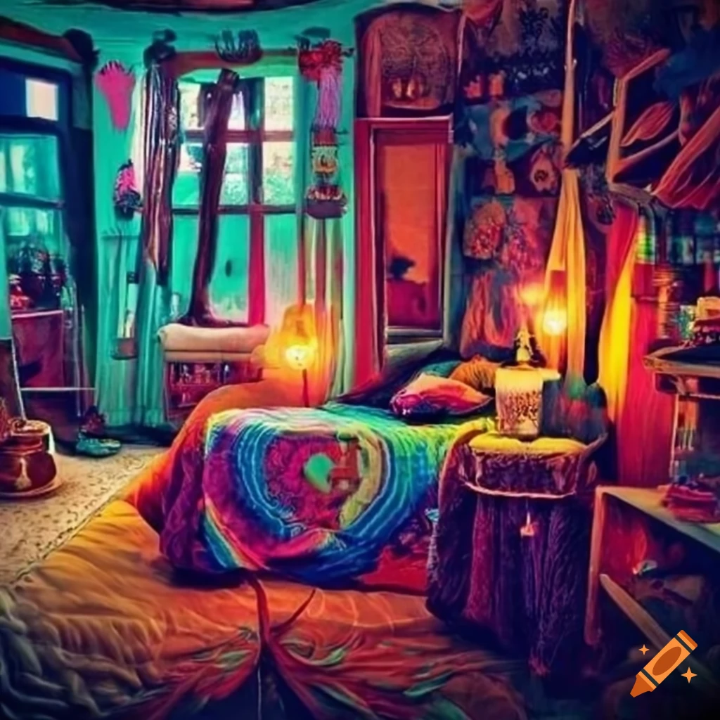 Nostalgic hippie bedroom decor on Craiyon