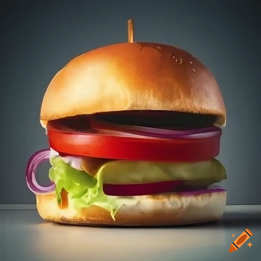 Delicious burger with lettuce, tomato, pickles, and red onion on a bun