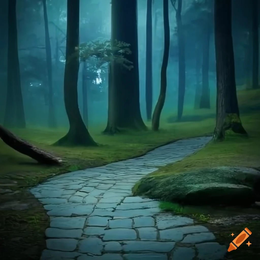 Stone path through an enchanted magical forest in the evening on Craiyon
