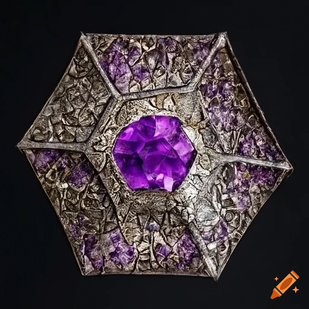 Pattern of exotic silver metal triangular armour plates with amethyst ...