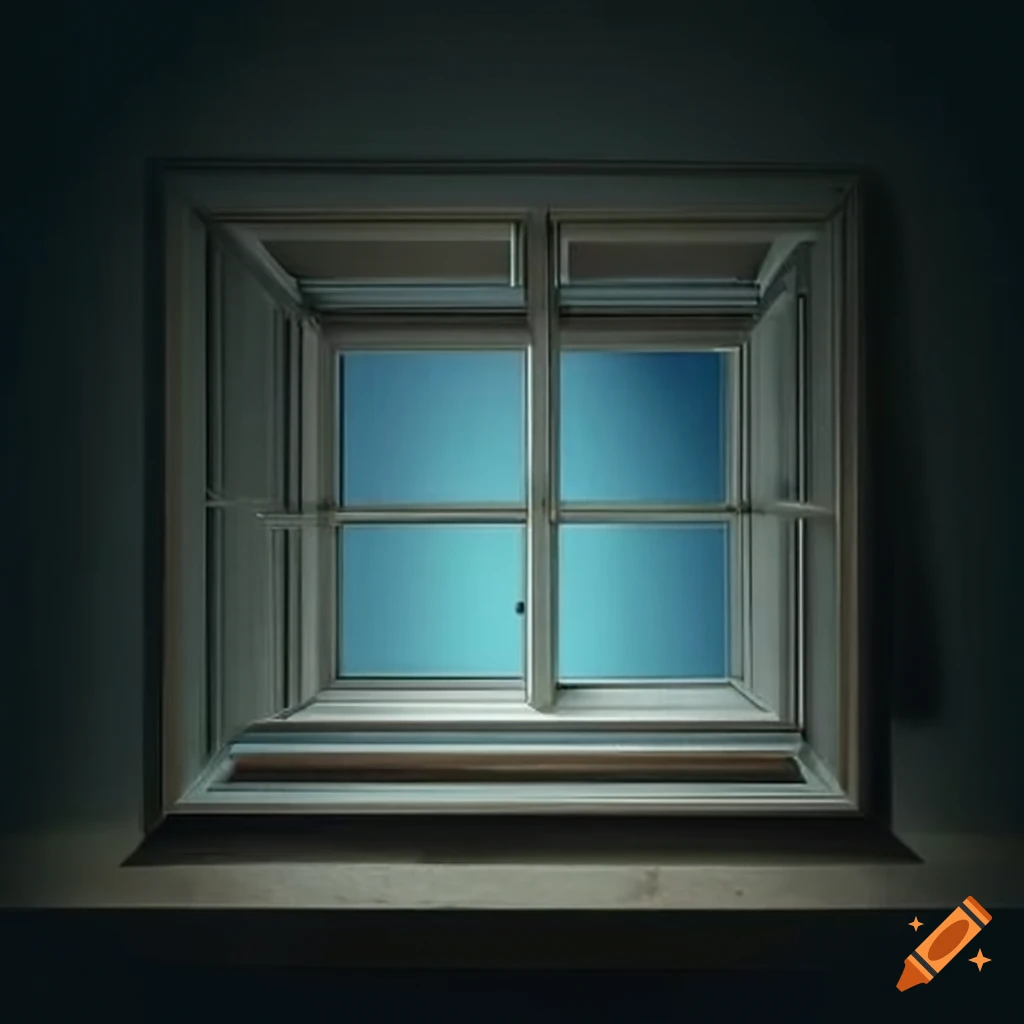 Surrealistic space with frames, windows, and drawers coming from the wall