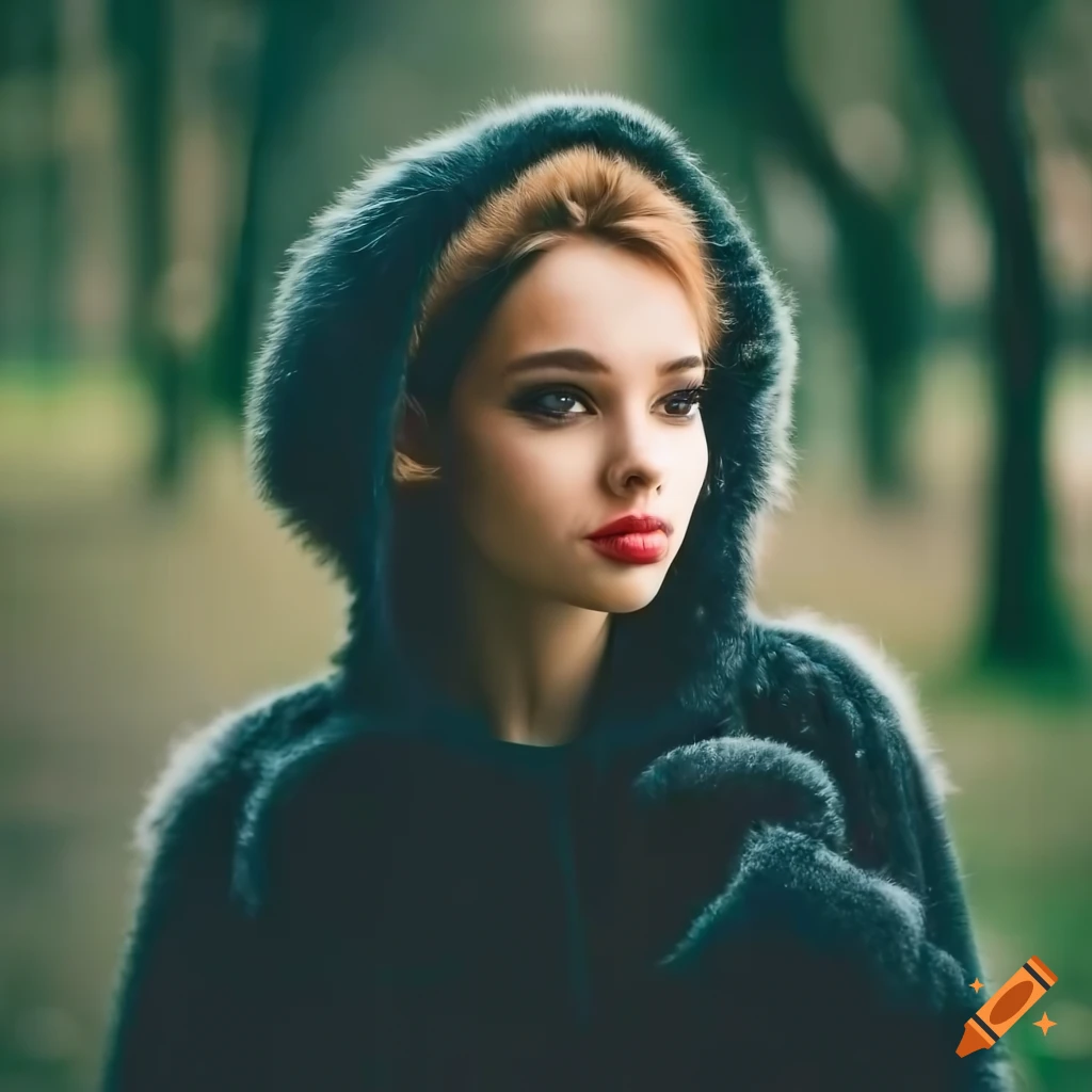 Stylish young lady in a black angora tracksuit walking in the park with