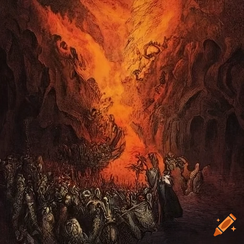 Whimsically detailed extreme wide shot of a wildfire by Gustave Doré