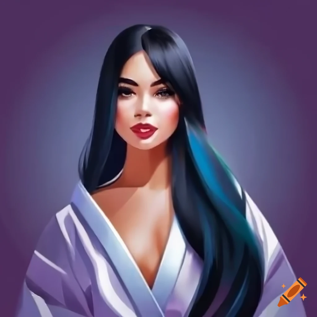 Beautiful young woman with long dark hair in open chest karate kimono on  Craiyon