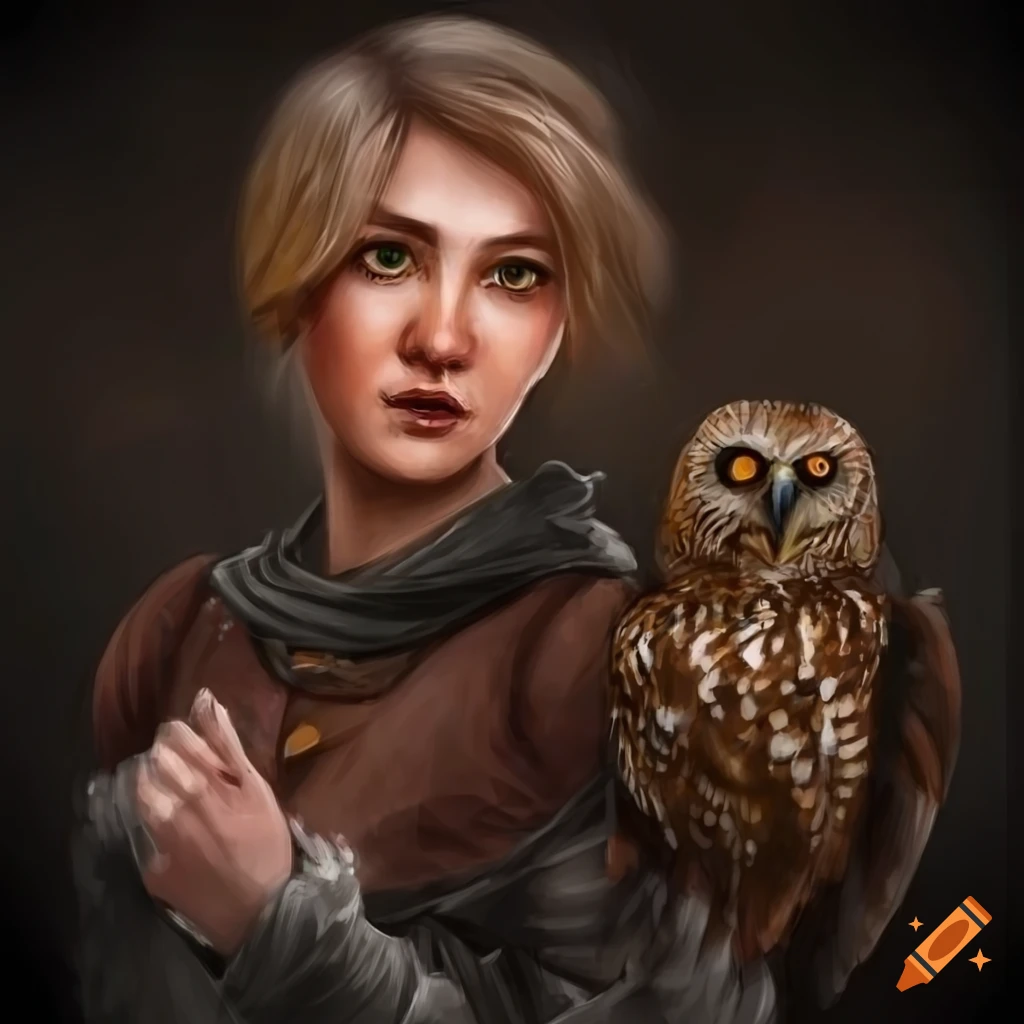 Realistic Portrait Of A Female Halfling Thief With An Owl On Her Shoulder On Craiyon