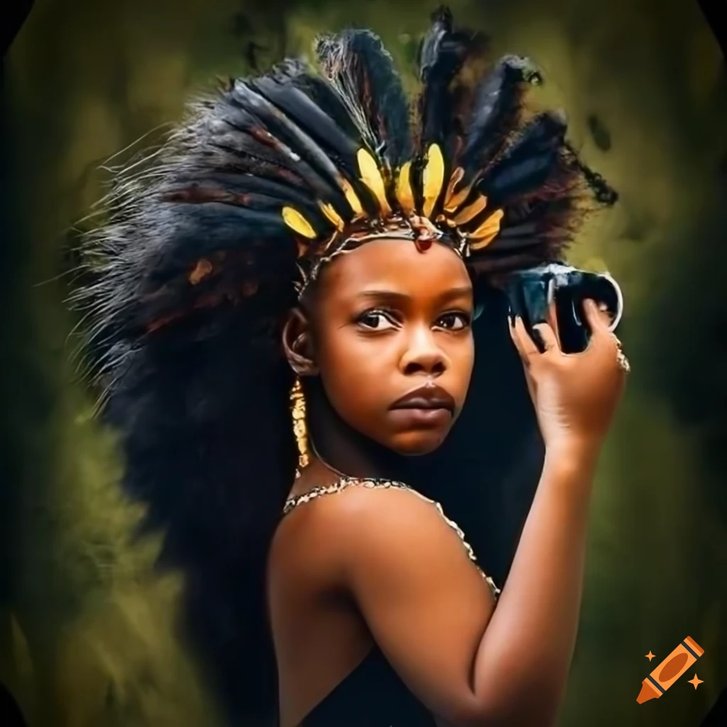 Young African American queen with black and gold headdress capturing the wilderness with a camera