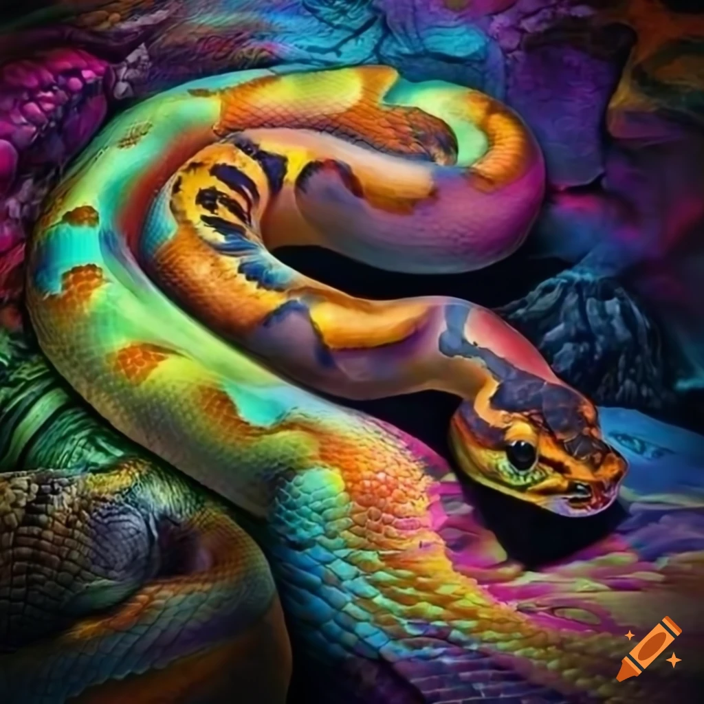 Colorful realistic python in a cavern with surrealistic elements on Craiyon