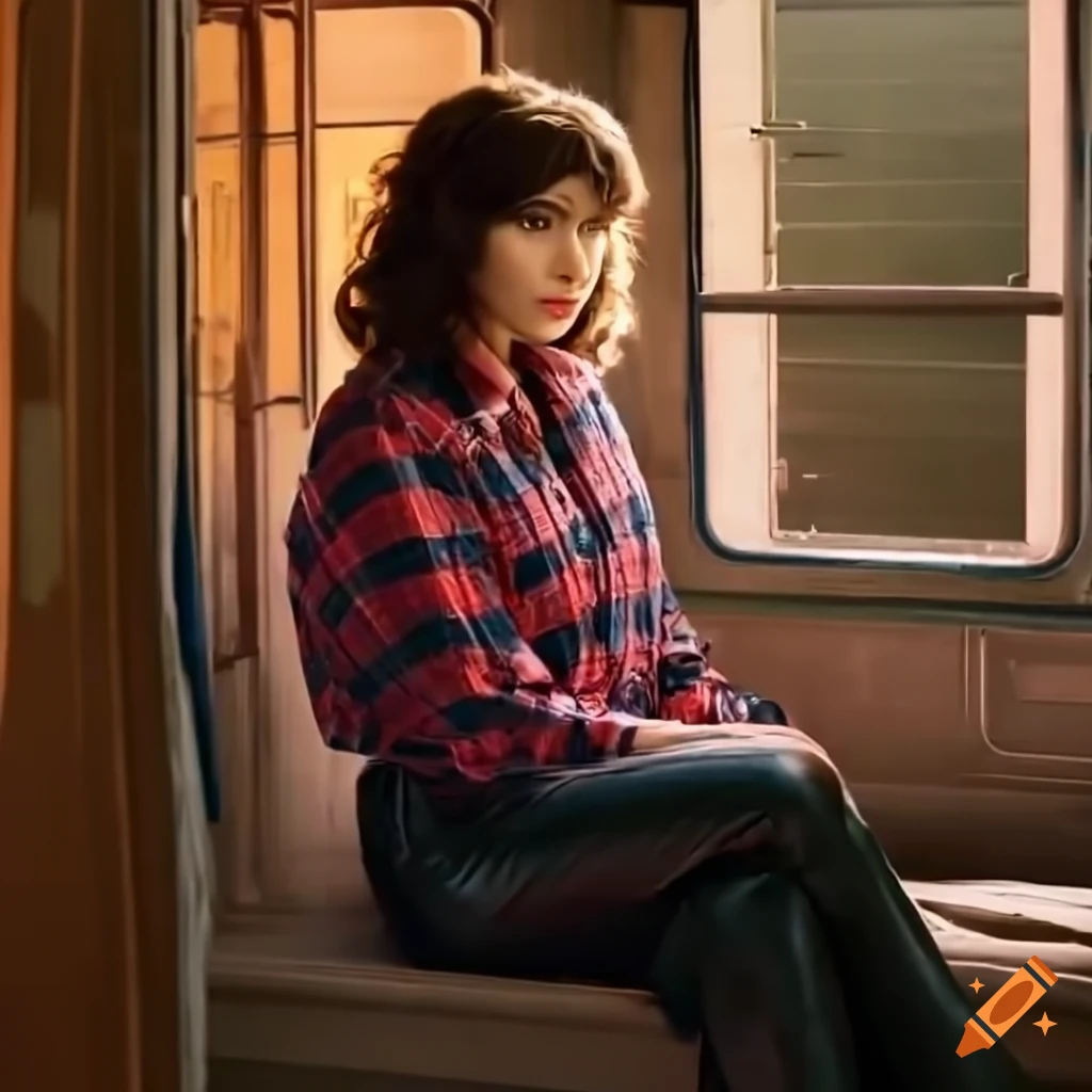 Young woman in plaid shirt and black leather trousers sitting in a caravan trailer