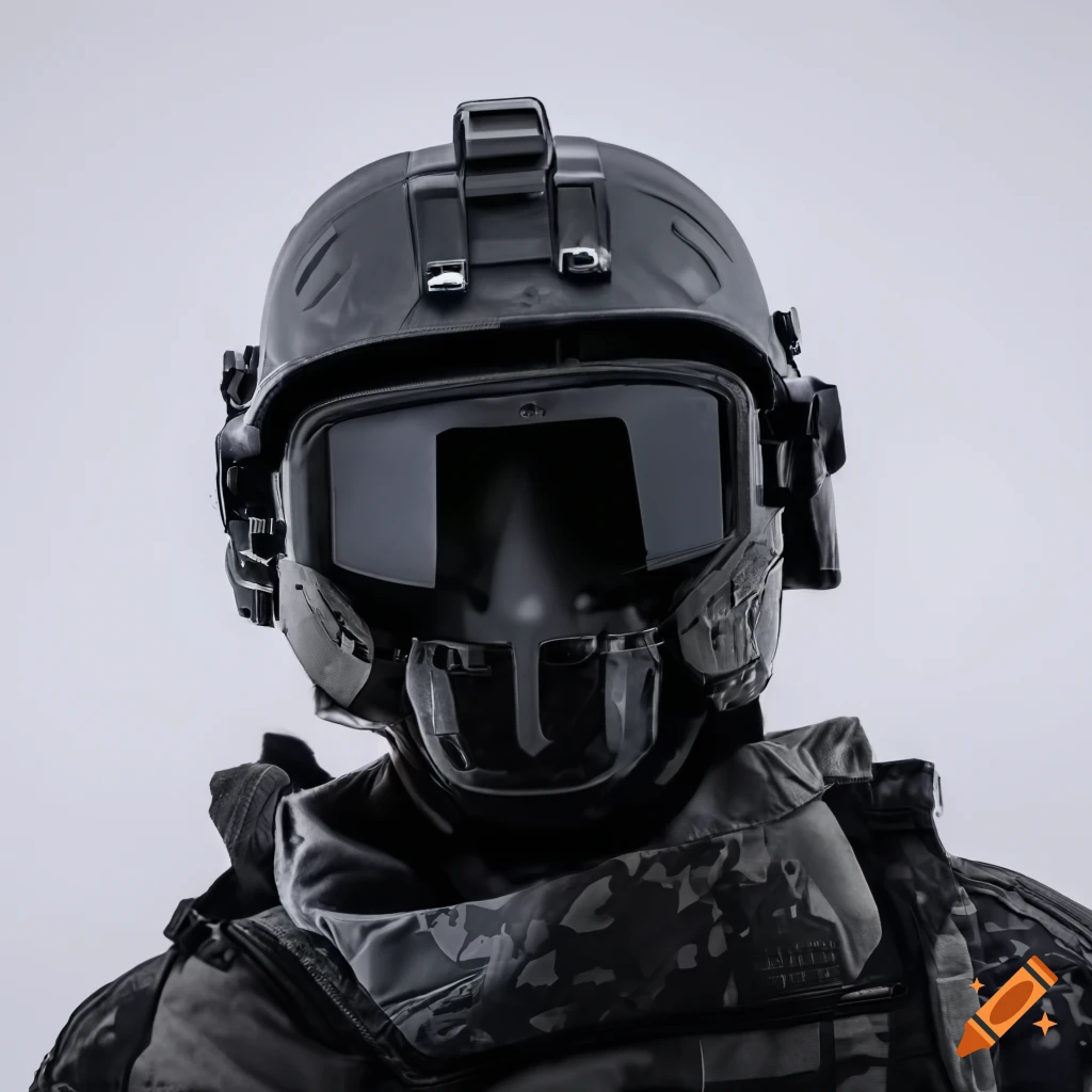 Headshot of a man in futuristic full body tactical gear with a reflective  visor, snowy background on Craiyon