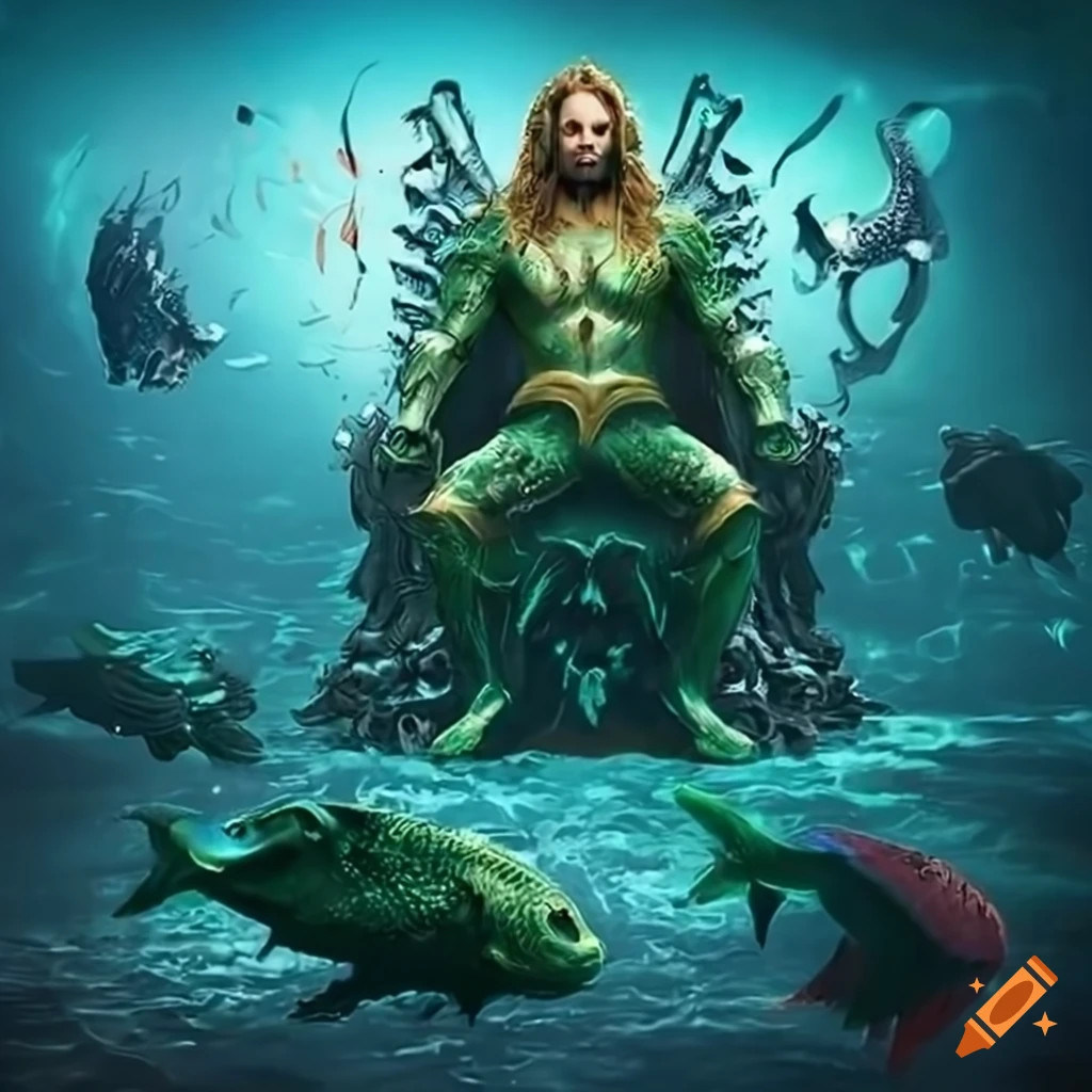 Futuristic underwater empire with fish guardians and aquaman on the