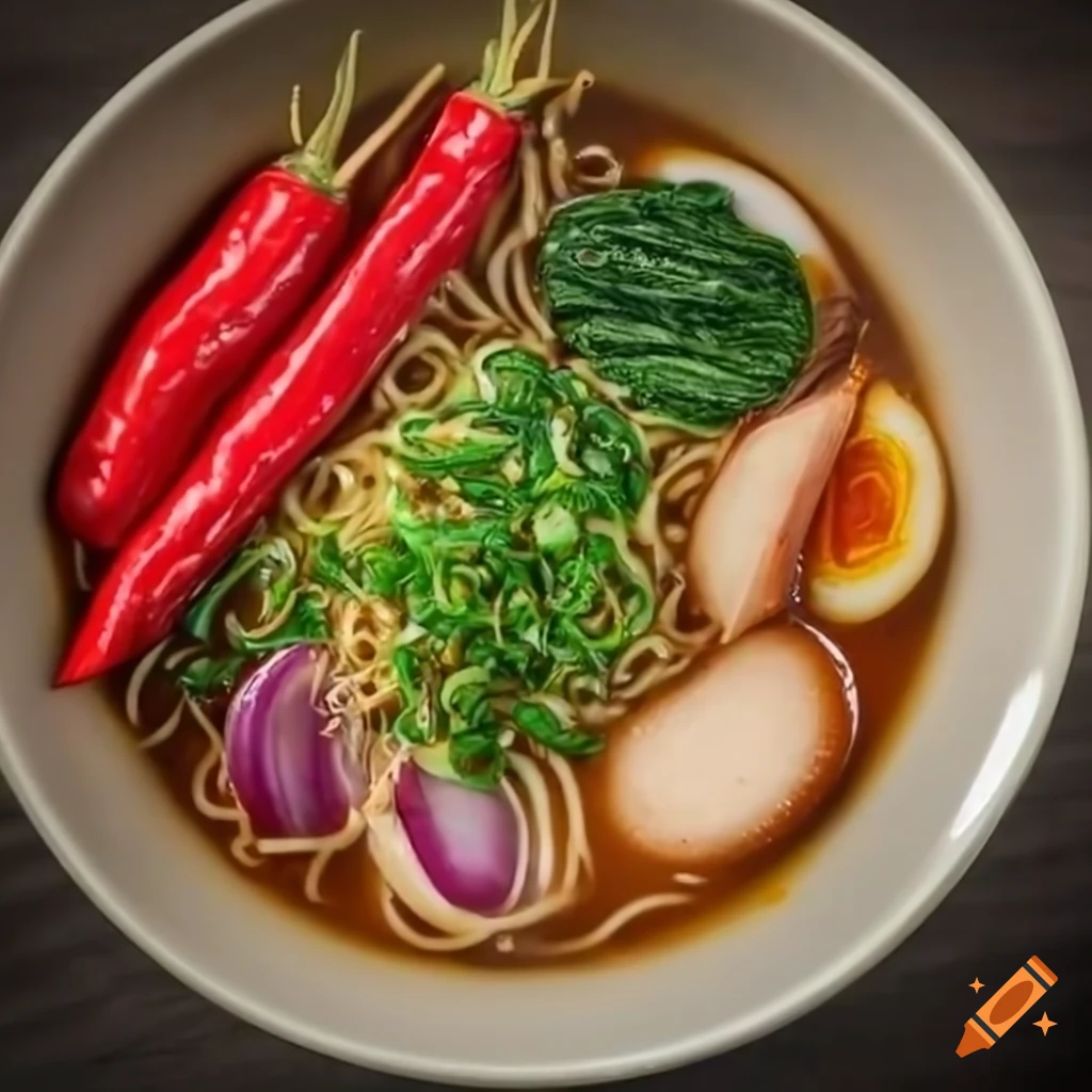 Spicy ramen with cannabis, red hot chili peppers, and red onions