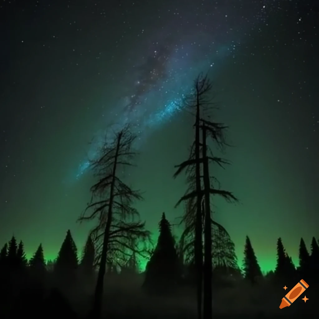 Alien environment with bioluminescent trees communicating through pulsating lights