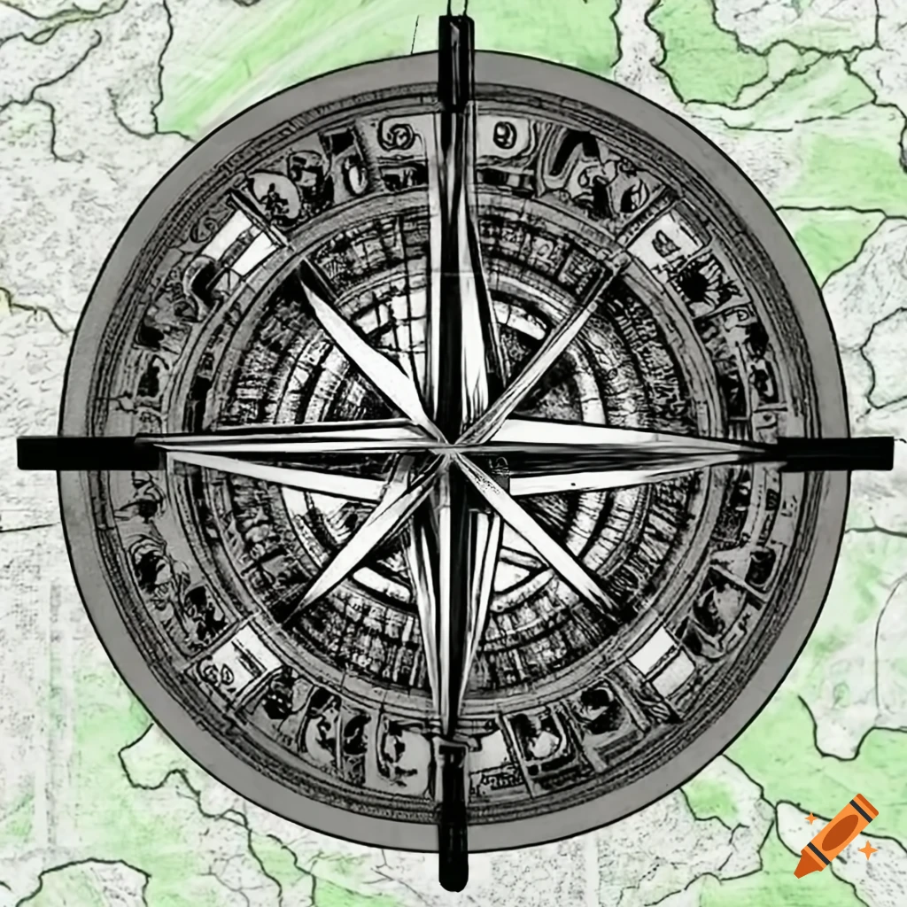 Nordic compass tattoo design with gyroscope and map elements