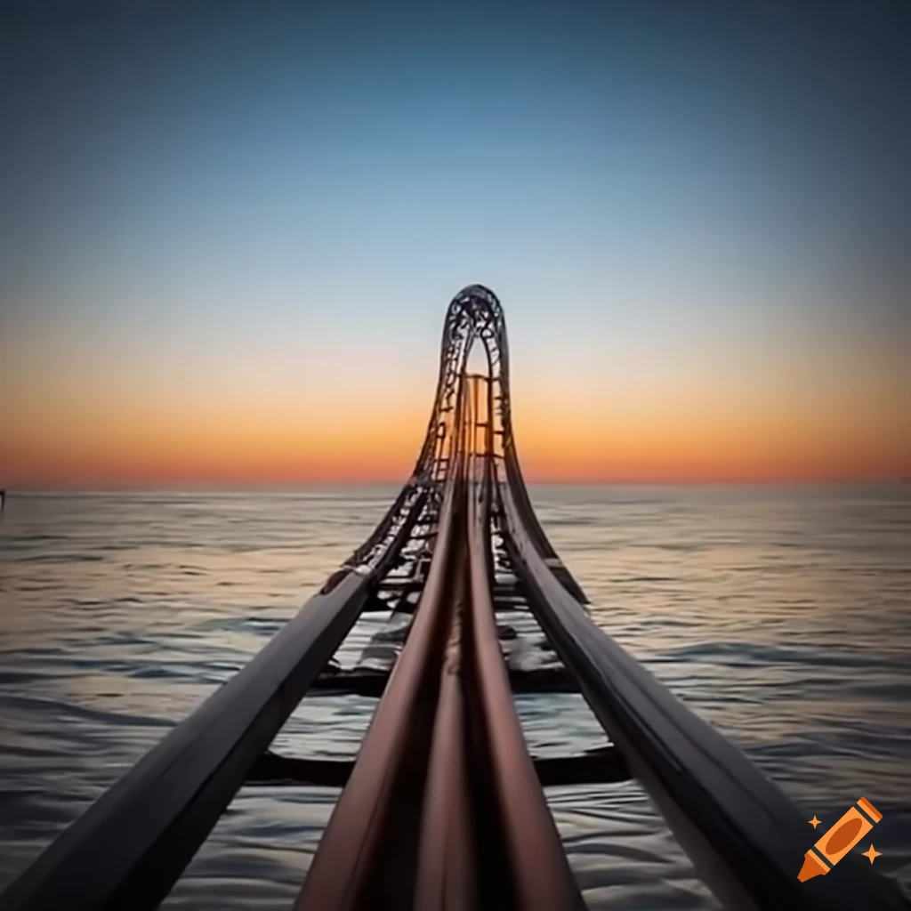 Pov on front row of a rollercoaster across a beach with sunglasses