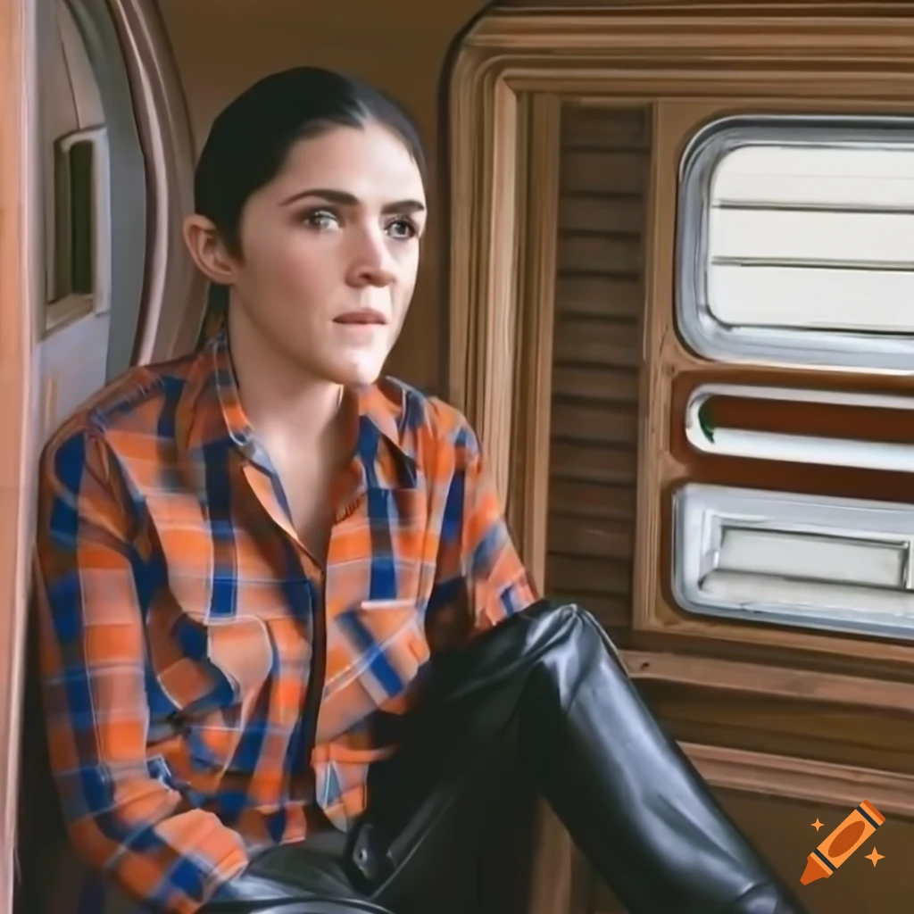 Isabelle Fuhrman sitting in a caravan trailer and looking out of the window