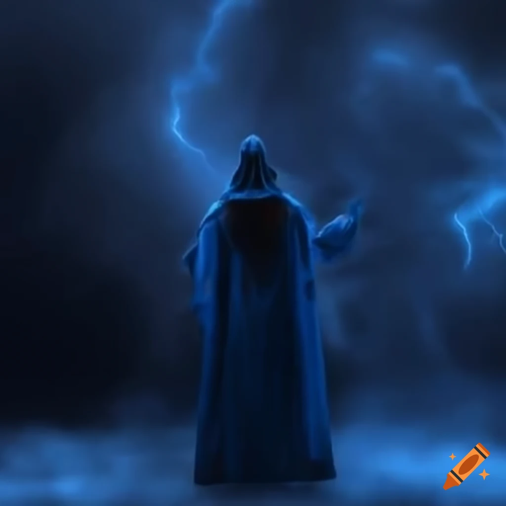 Sorcerer in blue robes wielding storm magic