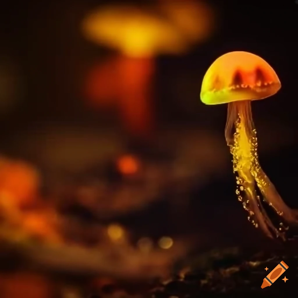 Glowing fungus and swirling jellyfish creating an otherworldly allure