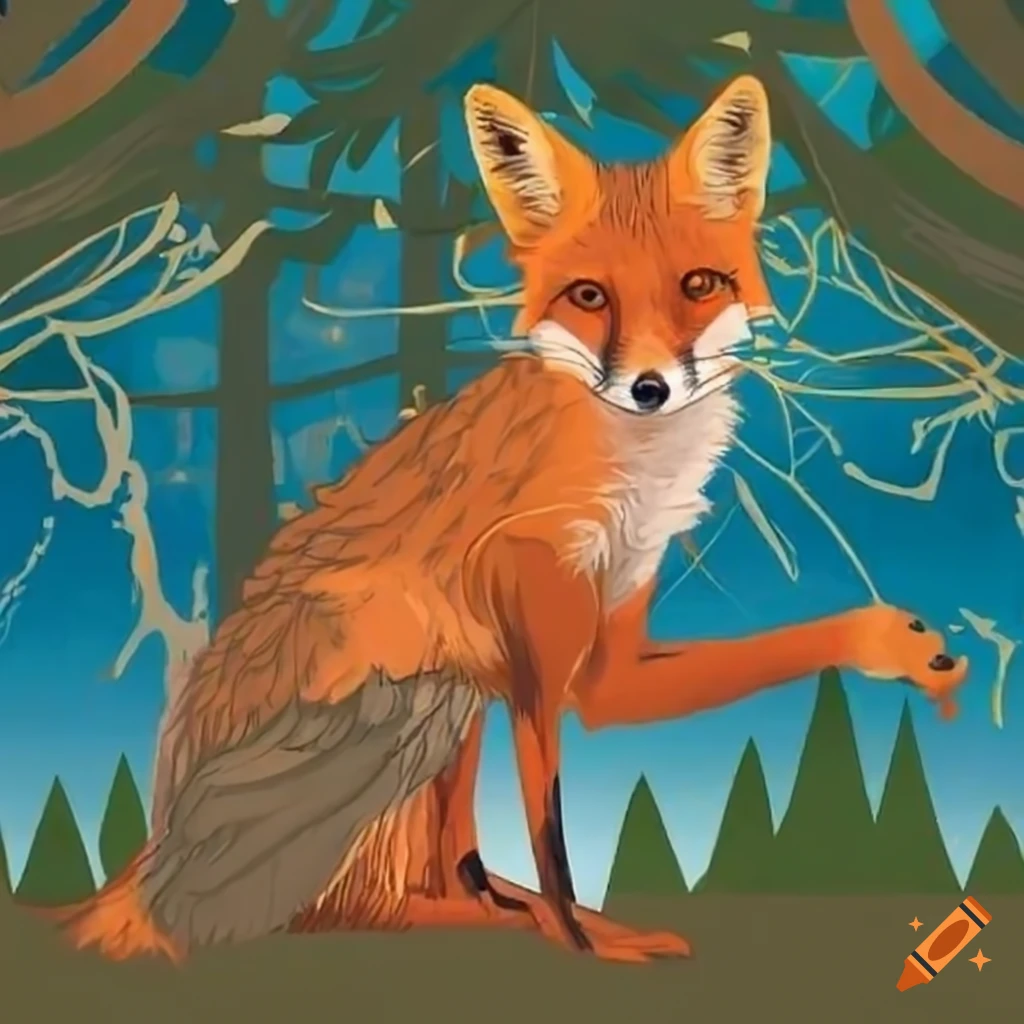 Orange fox under a pine tree on Craiyon