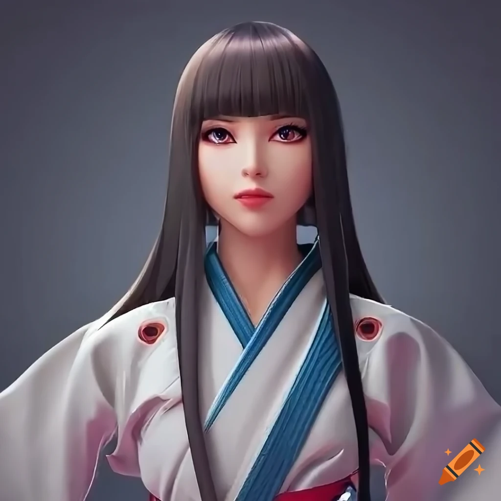 Beautiful young woman with long dark hair in open chest karate kimono