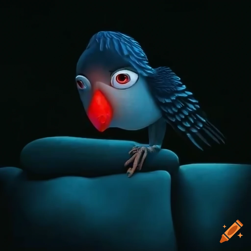 Cartoonish cuckoo bird on a couch in the dark in front of a TV screen