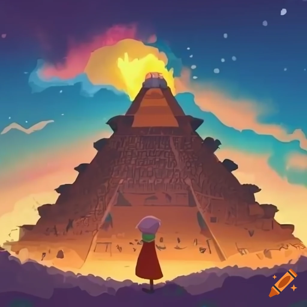 Dessin animé des années 70 avec deux enfants espagnols devant une pyramide inca et un vaisseau spatial pyramidal dans le ciel