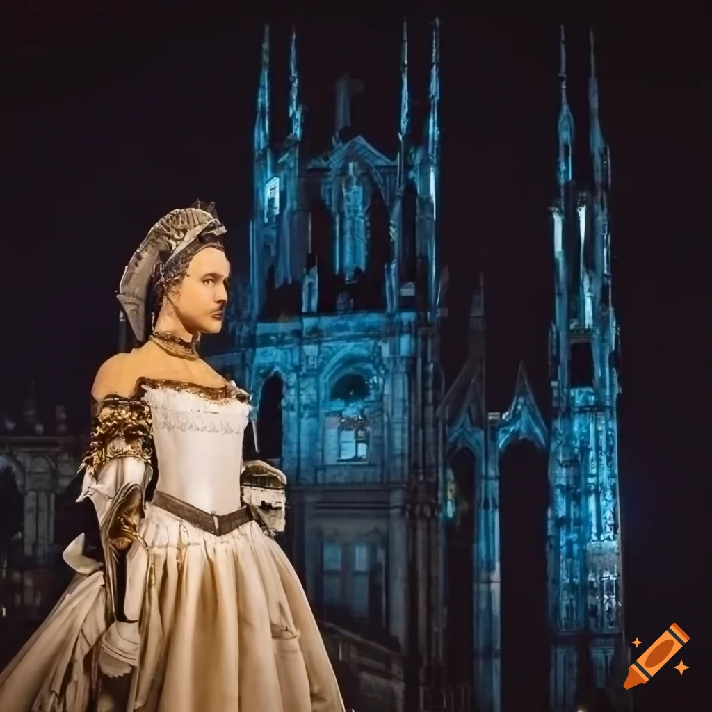 Cyberpunk Joan of Arc in baroque armor and 1800s dress in front of Milan Duomo at night