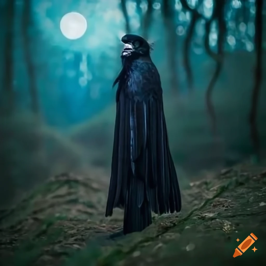 Human-raven-hybrid in a magical moonlit forest