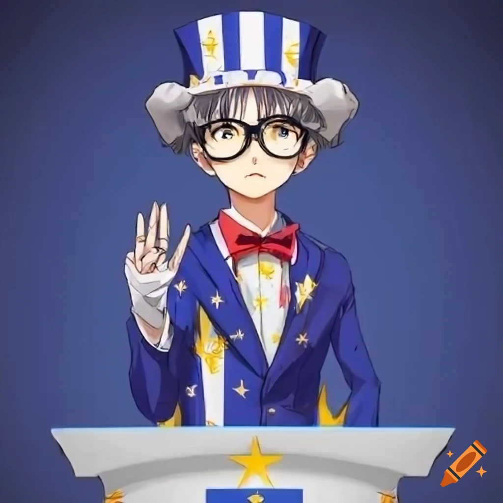 Anime boy in philippine uncle sam outfit waving flag at campaign podium ...