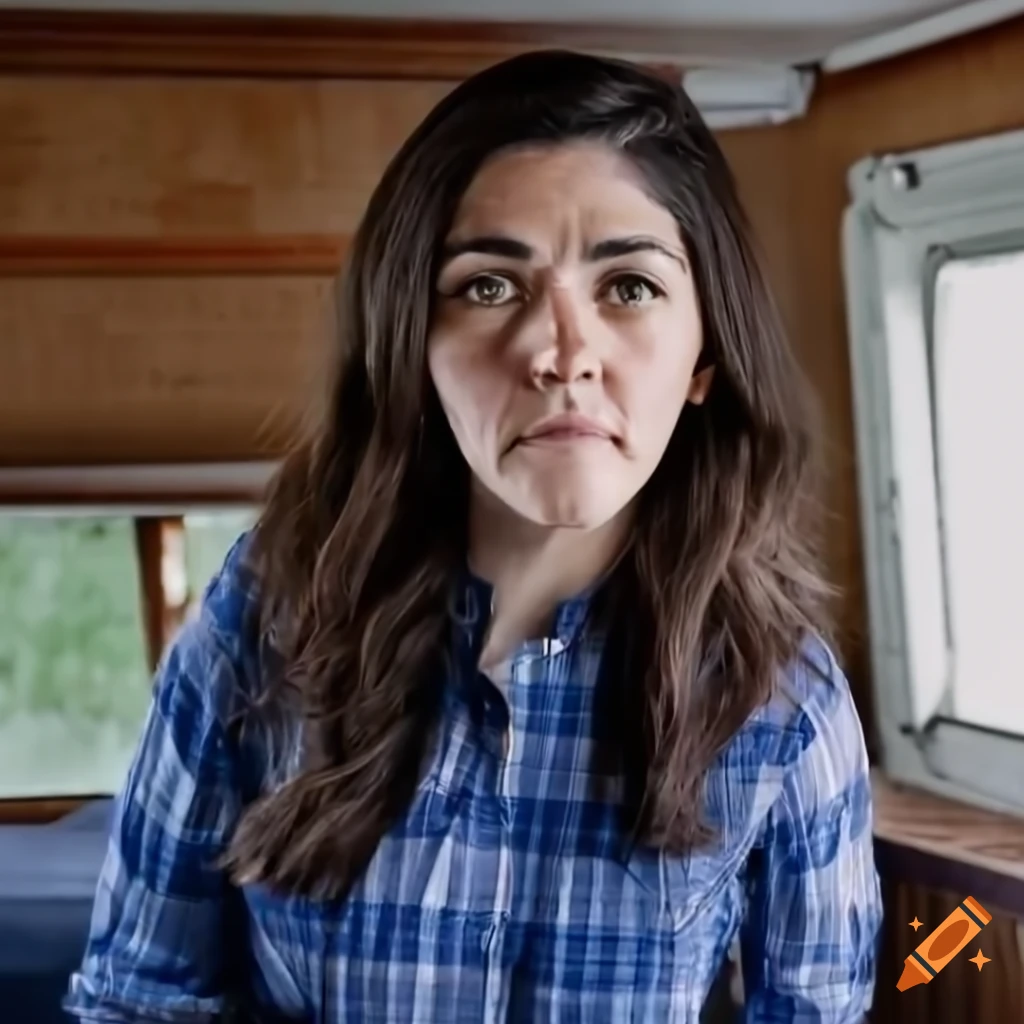 Isabelle Fuhrman in blue plaid shirt and high waist black leather trousers sitting in a caravan trailer and looking out of window