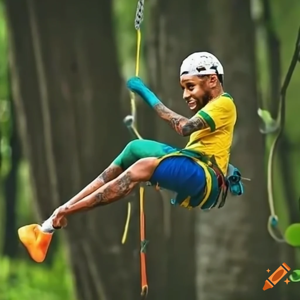 Neymar Junior climbing trees in Brazil jersey
