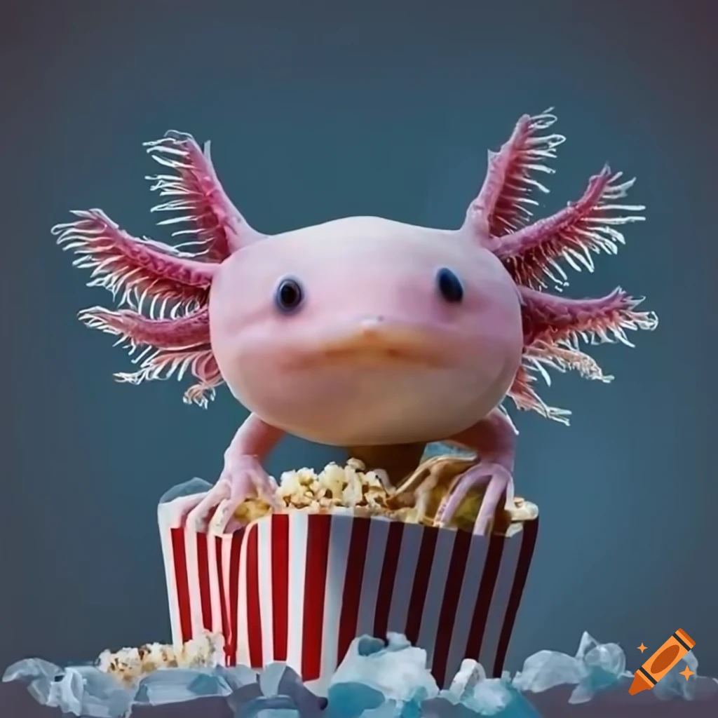 Axolotl enjoying popcorn and icee in a movie theatre on Craiyon