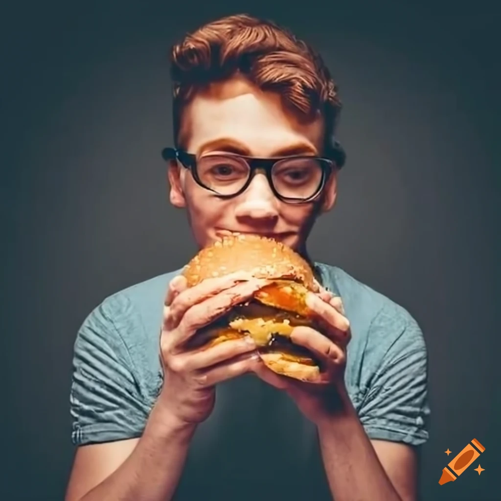 Man enjoying a hamburger in front of a city store