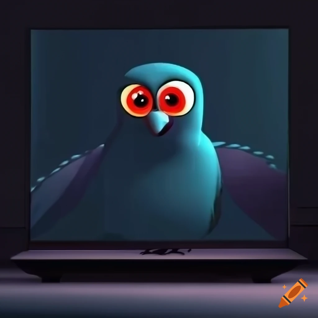Cartoonish cuckoo bird on a couch in the dark in front of a TV screen