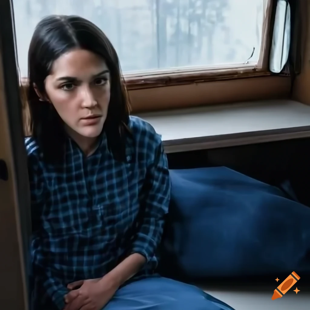 Isabelle Fuhrman in blue plaid shirt and high waist black leather trousers sitting in a caravan trailer and looking out of window