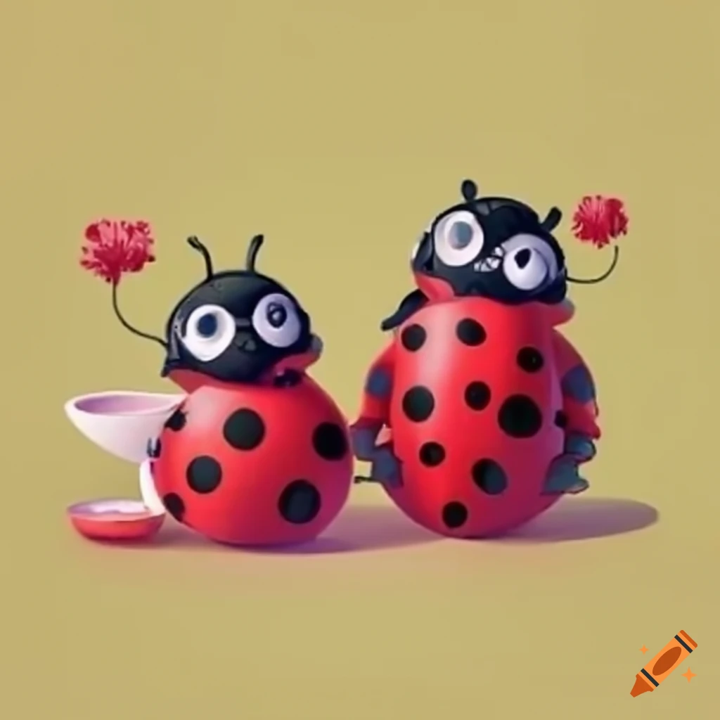 Group of ladybugs having a tea party in a floral setting