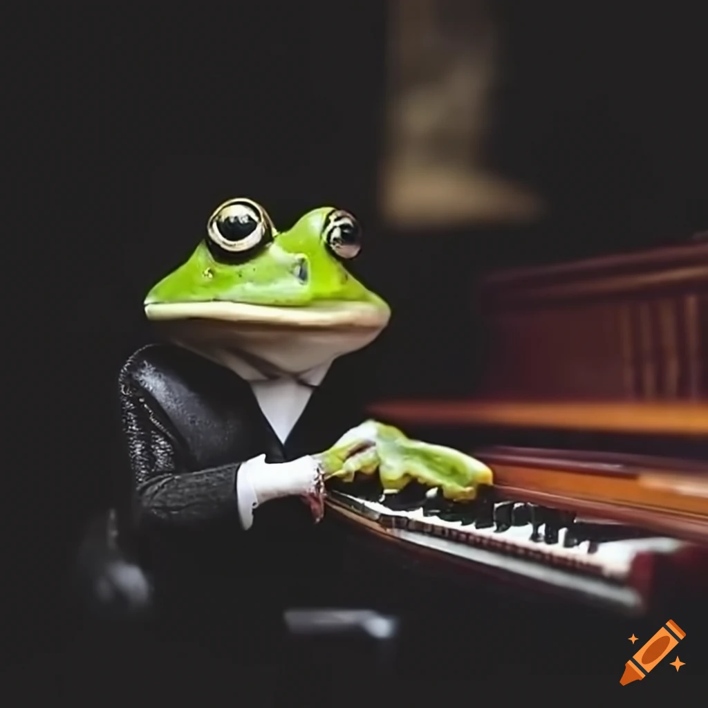 Frog in tuxedo playing piano in a bar
