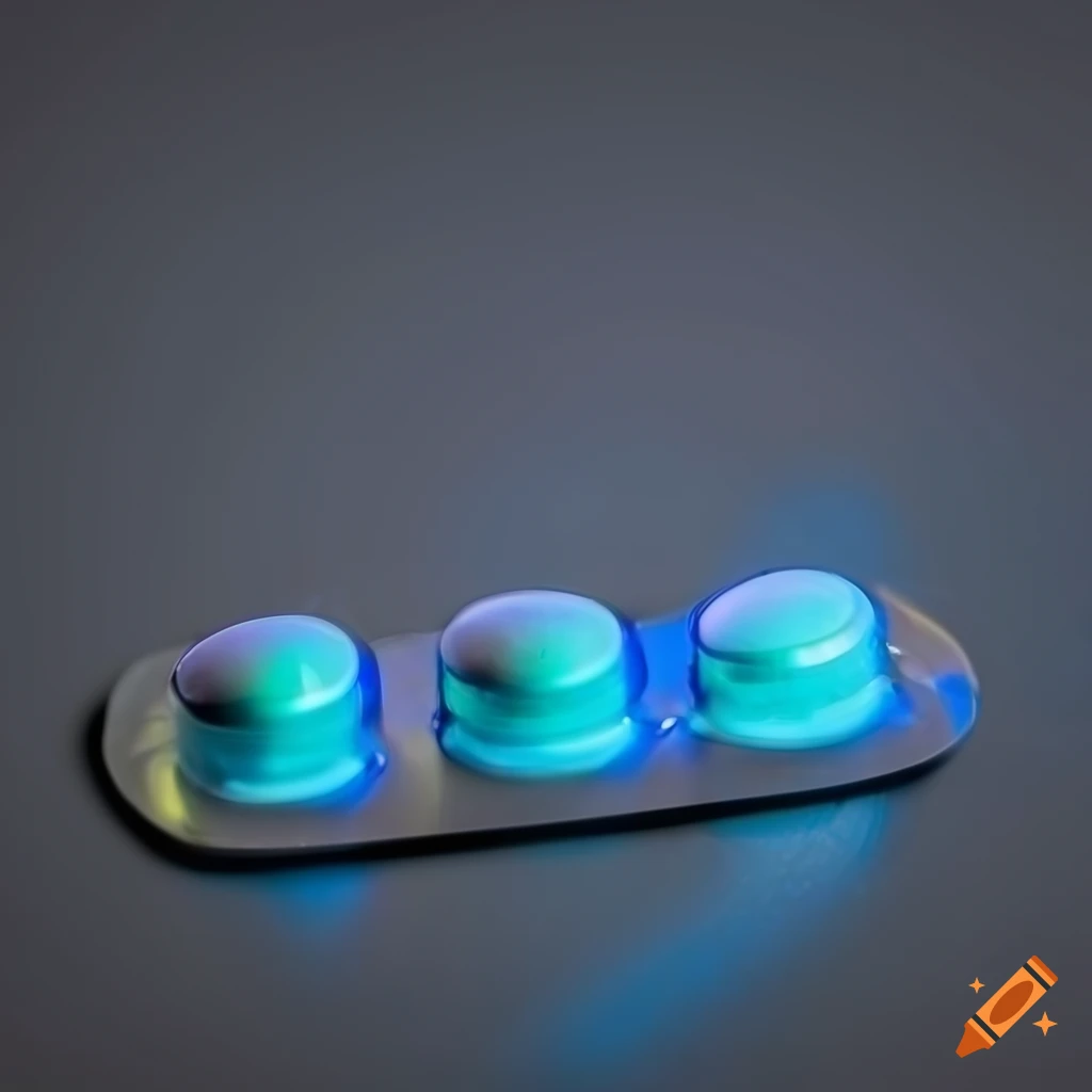 Blue illuminating pills in blister on grey background