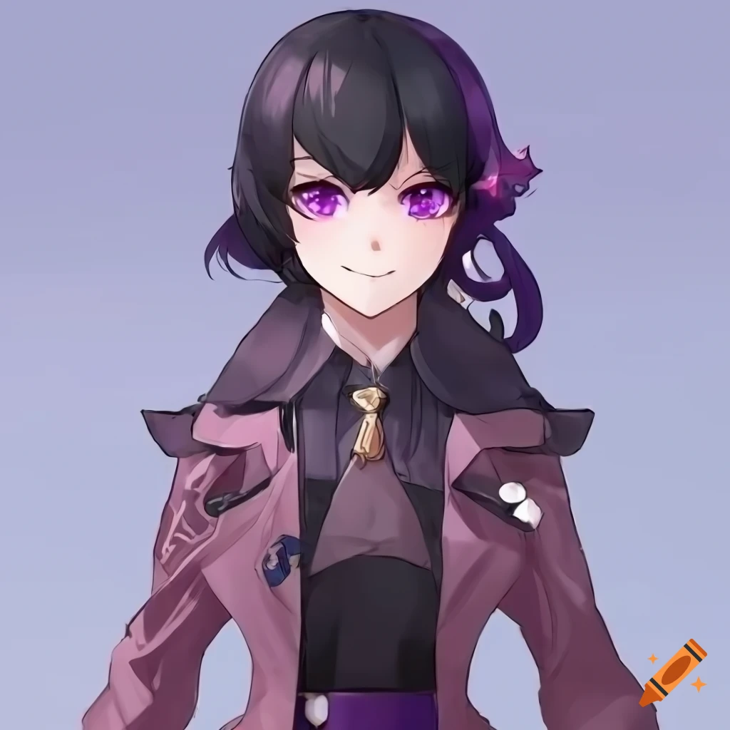 Cheery anime girl with black hair and purple eyes in Genshin Impact
